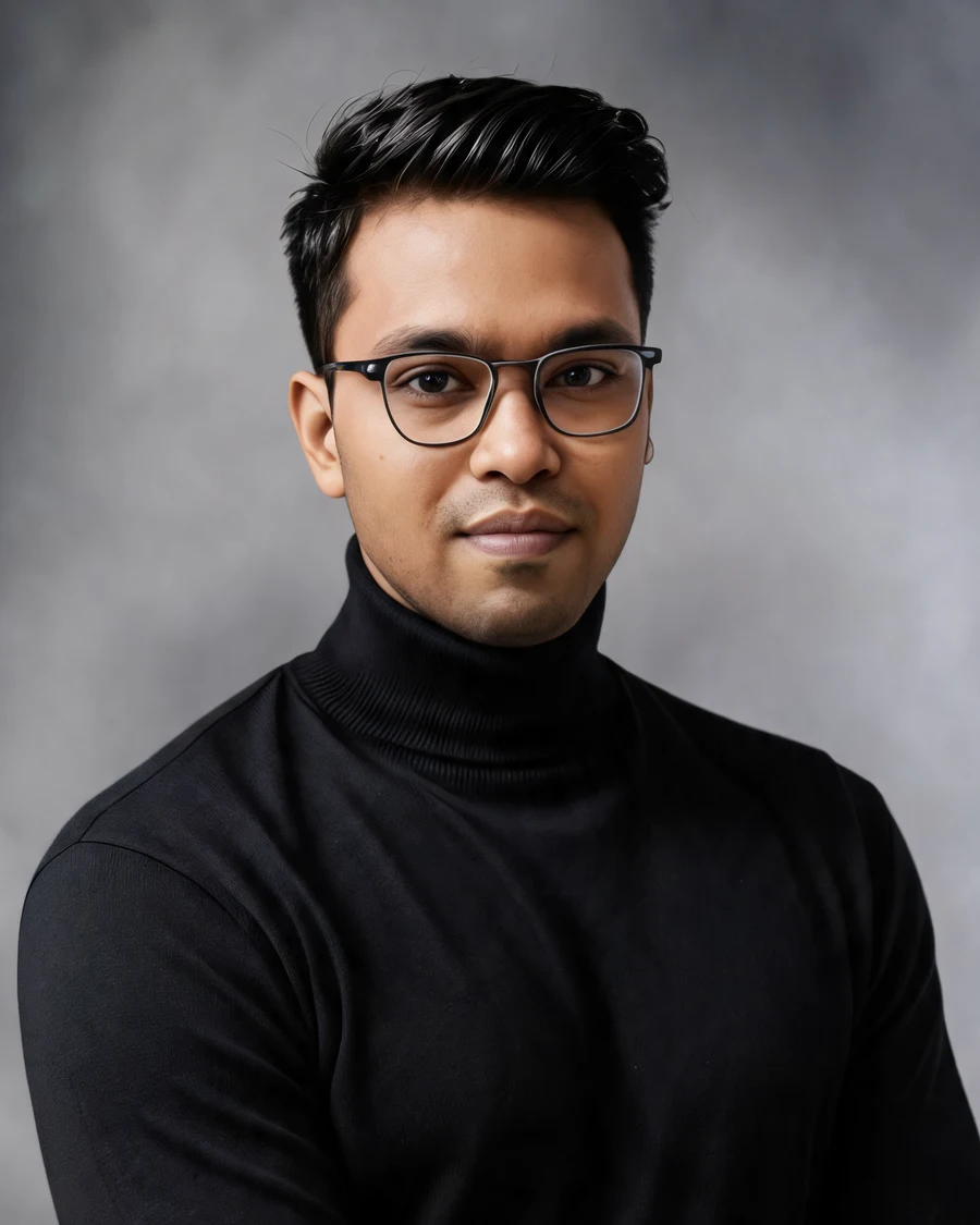 Studio portrait of Abdullah Al Mamun in a black turtleneck — the Dubai accountant who founded Velmont Crest to serve UAE SMEs in plain English