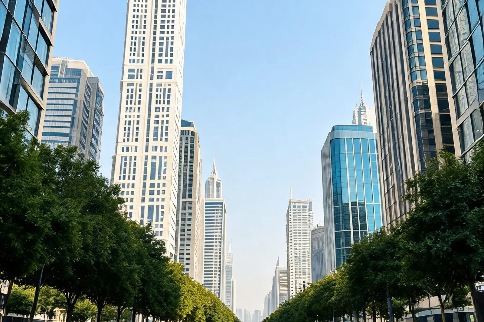 Office towers in Dubai seen from a tree-lined avenue