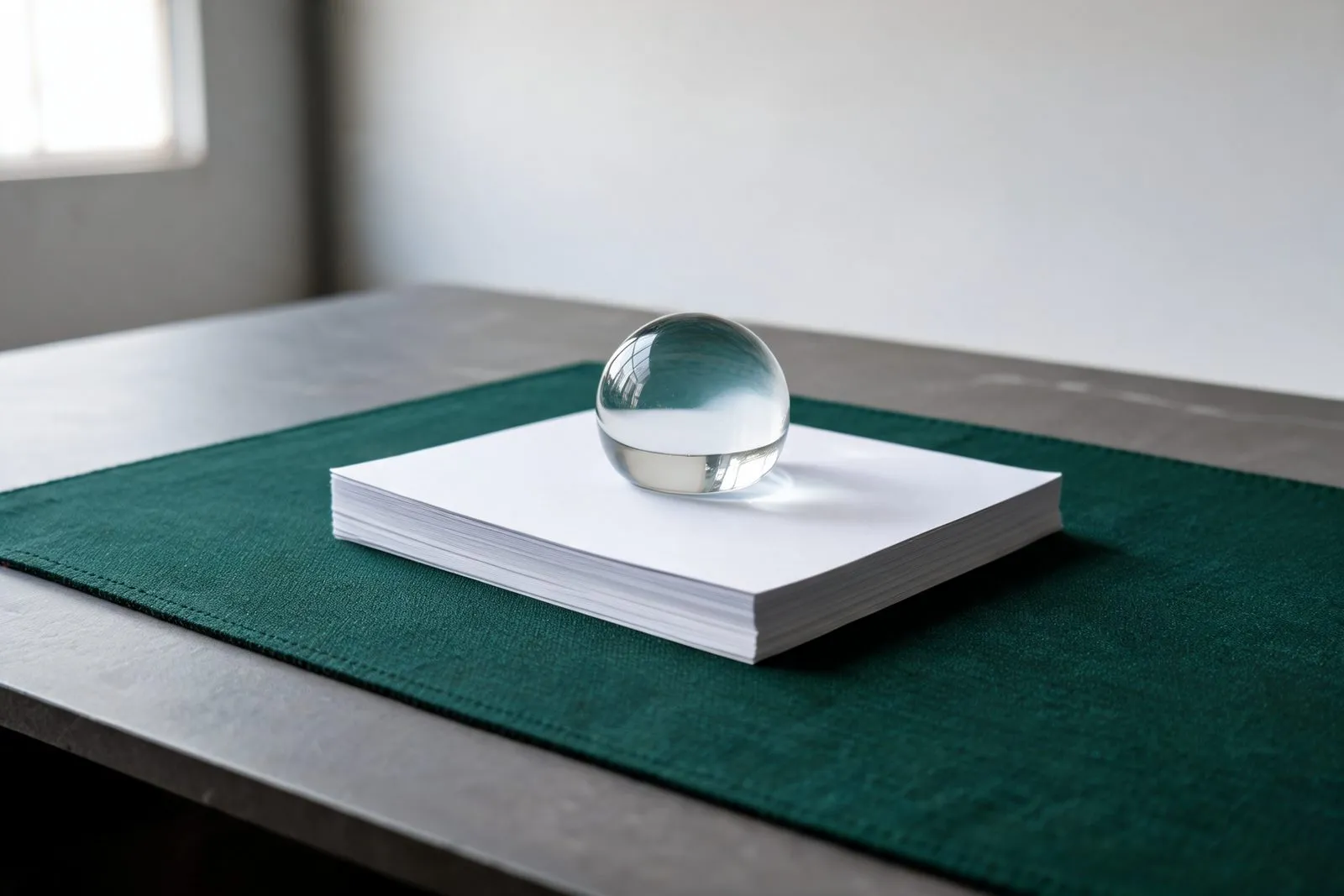 A glass paperweight holding down a stack of blank paper on a desk