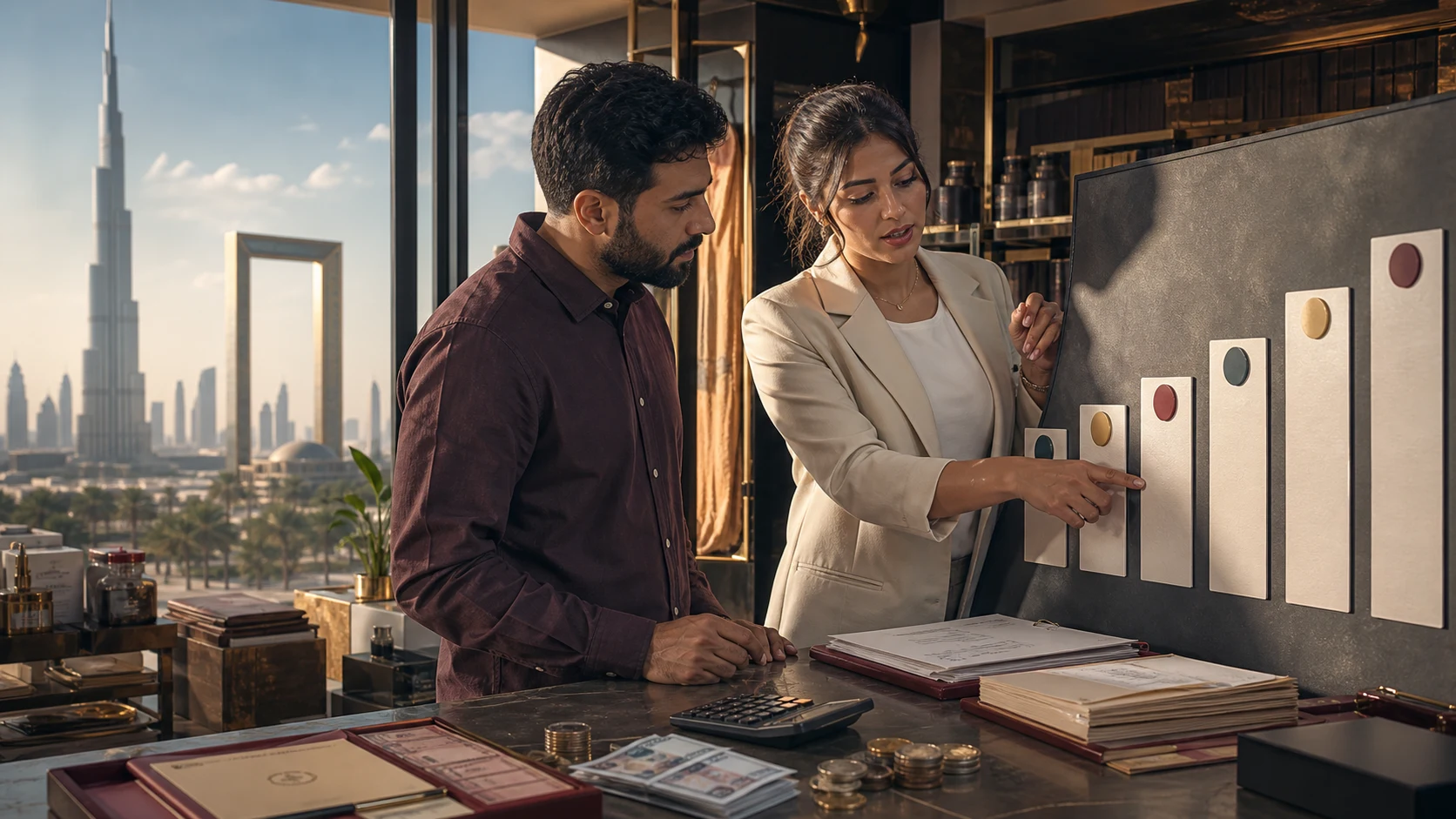 Dubai SME owner and accountant reviewing transparent fixed-fee pricing tiers with UAE accounting documents