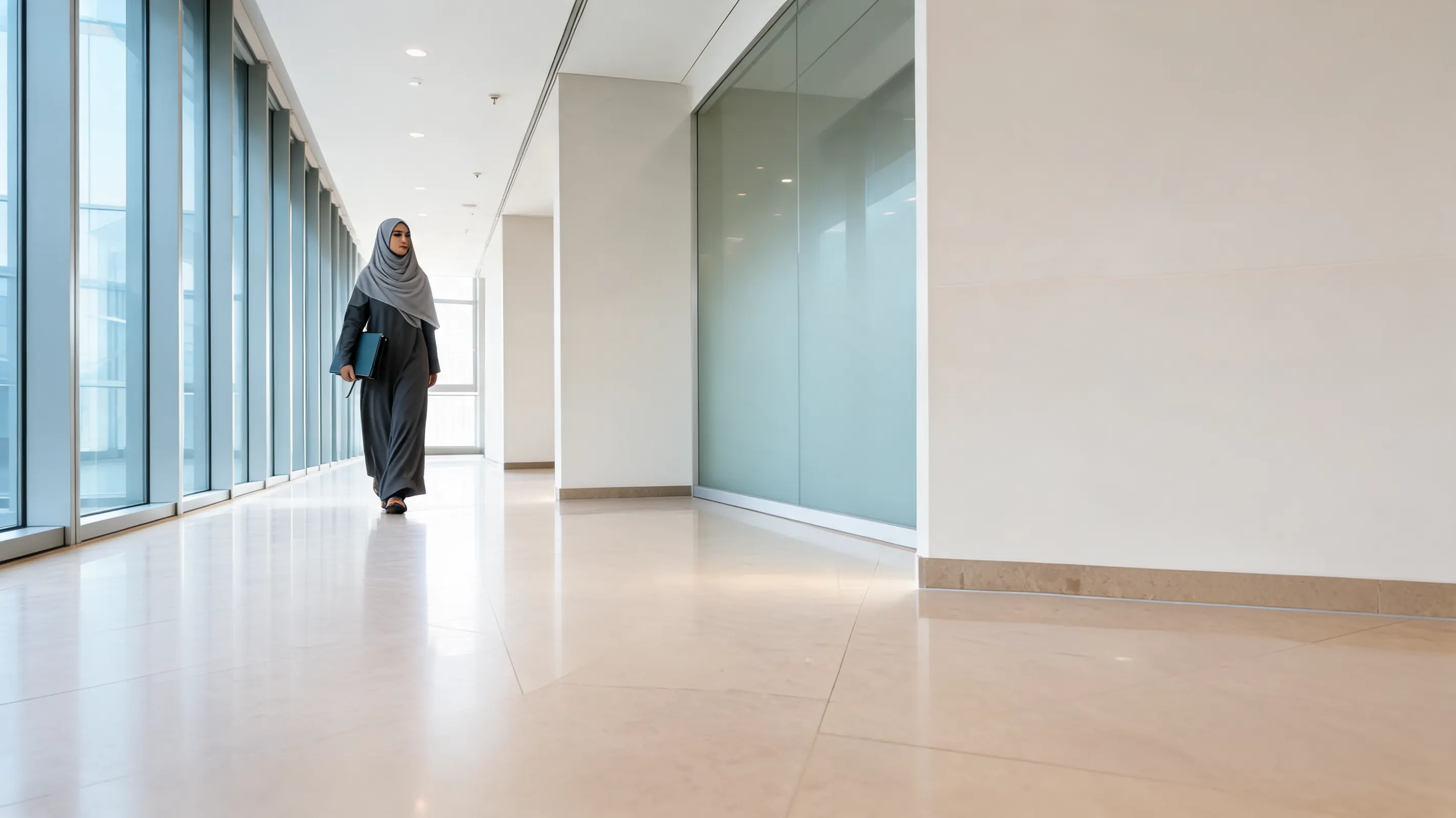 VAT consultant walking a UAE office corridor between client meetings on registration and return filing